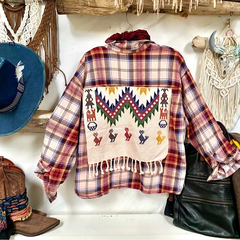 Upcycled Navajo FRINGE flannel shirt w cabin southwestern vibe